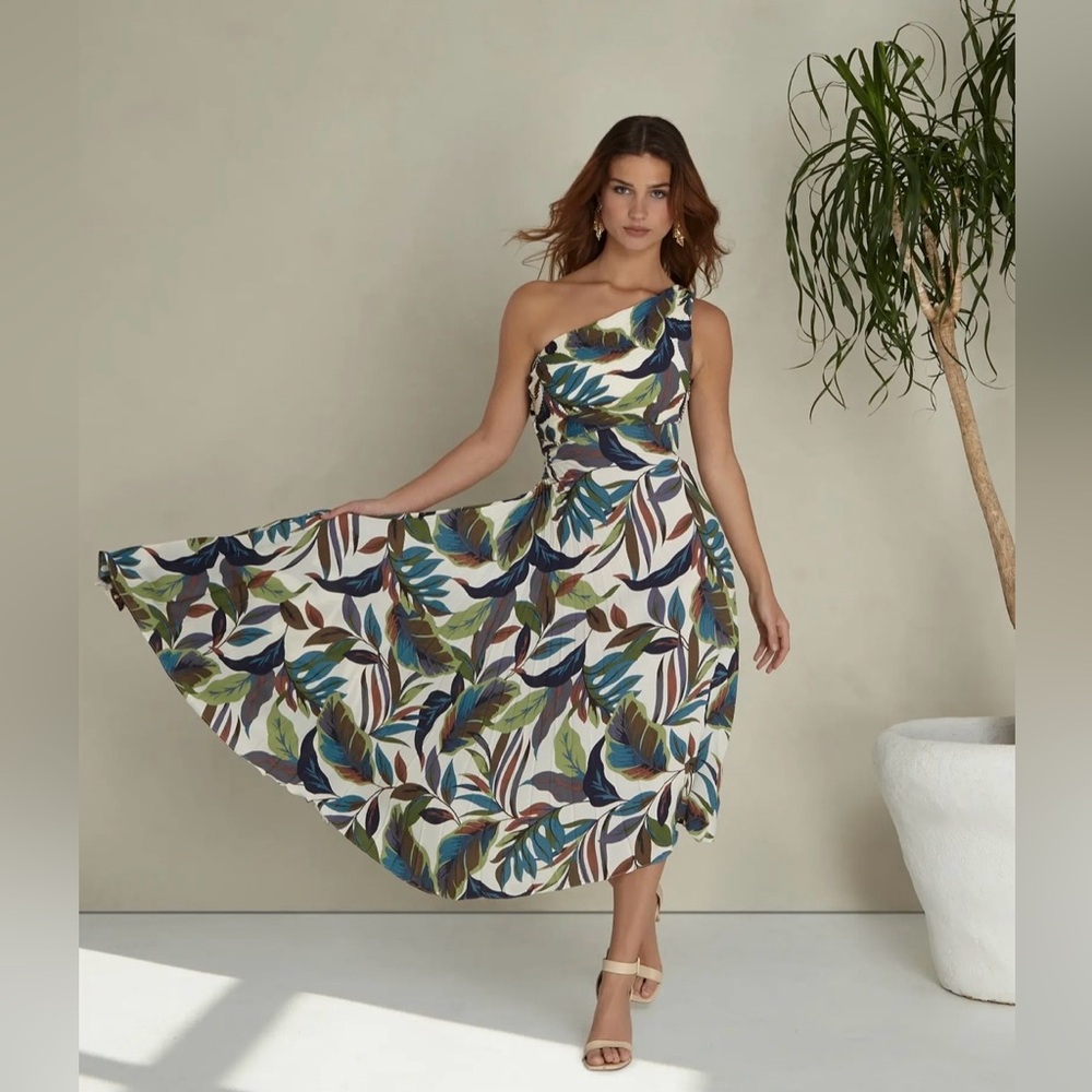 Nicole Miller One-Shoulder Dress in Green and Blue Leaf Pattern